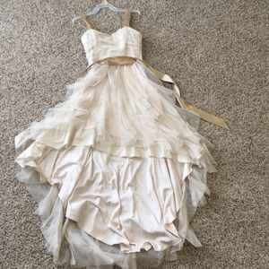 High Low Gold Ruched and Ruffled Formal Dress